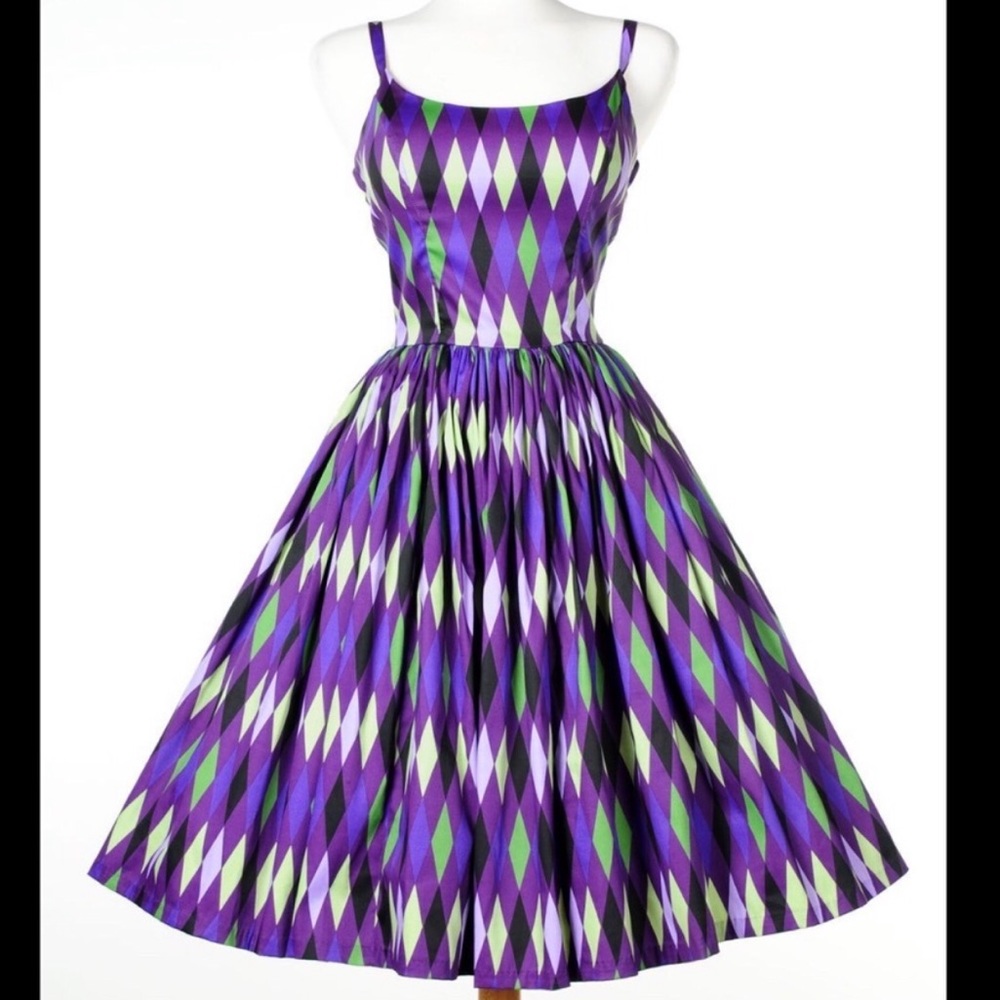 Pinup girl clothing purple harlequin Jenny dress L